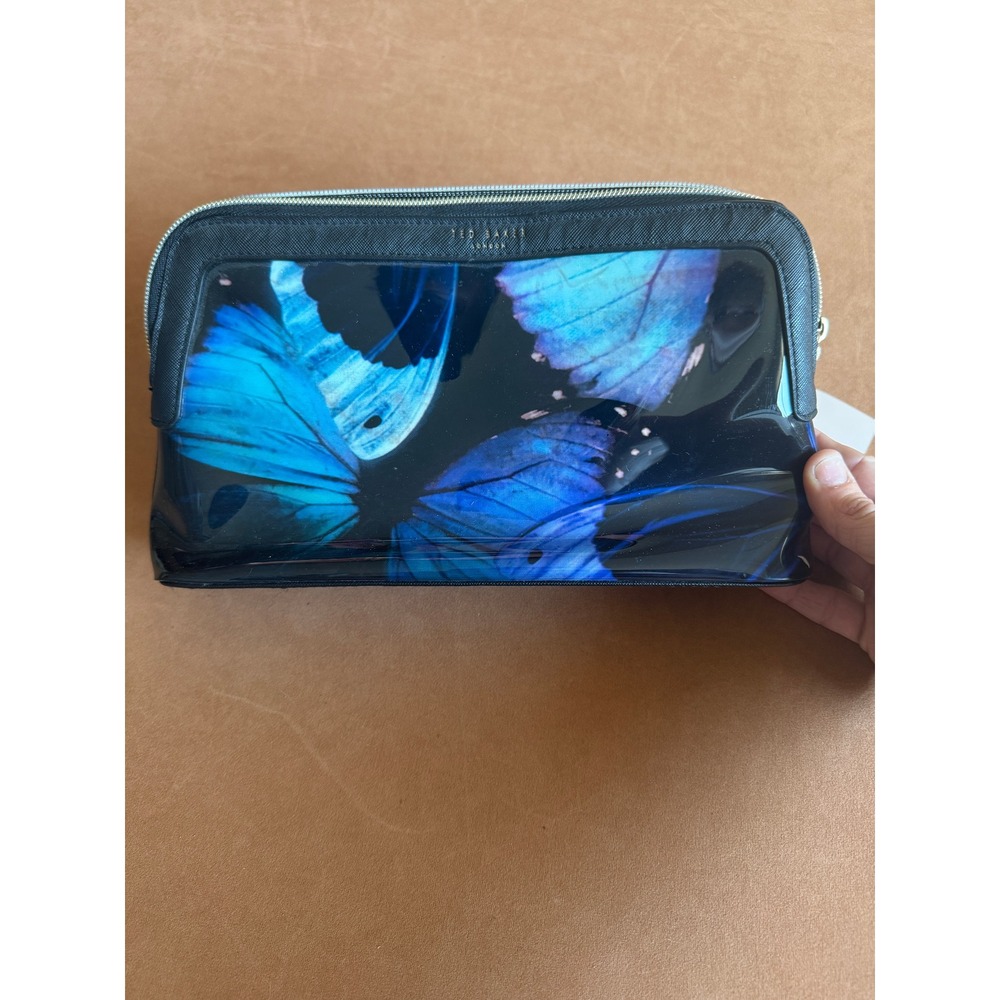 Ted Baker Butterfly Cosmetic Bag Blue Patent Travel Makeup Pouch NWT